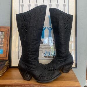 Old Gringo Women's Black Leather Heeled Boots Size 7 Black Rhinestone Knee High